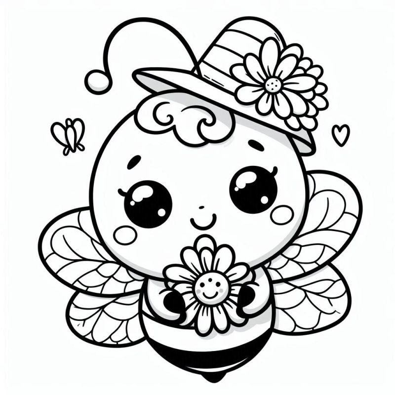 Desenho de abelha kawaii fofa com flor para colorir