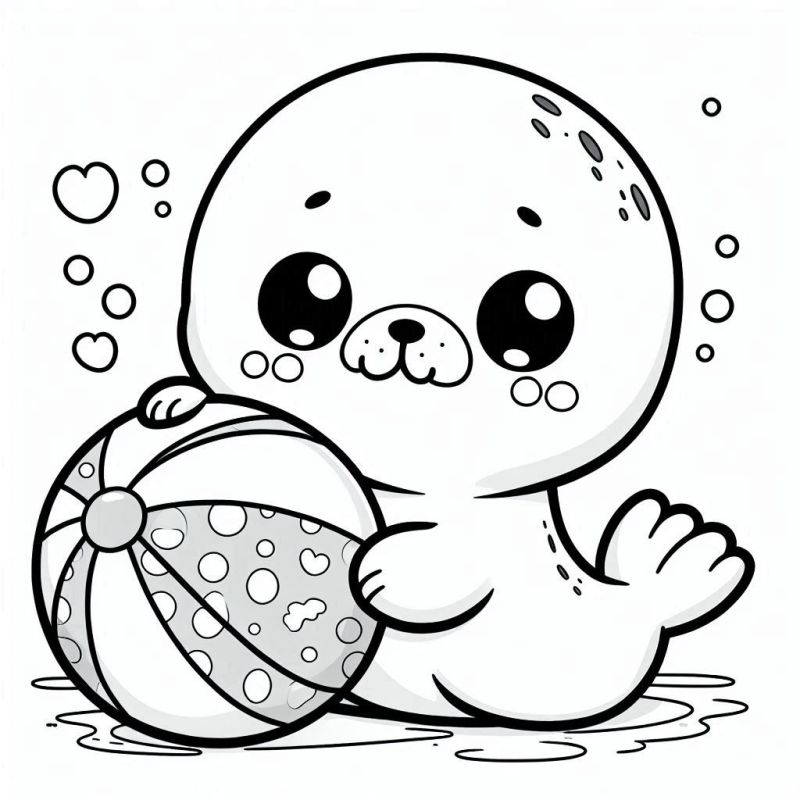 Desenho de foca bebê kawaii segurando uma bola de praia para colorir