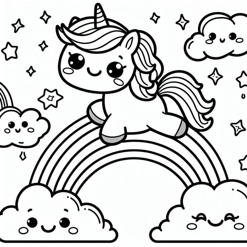 Desenho kawaii de unicórnio em arco-íris com nuvens sorridentes para colorir