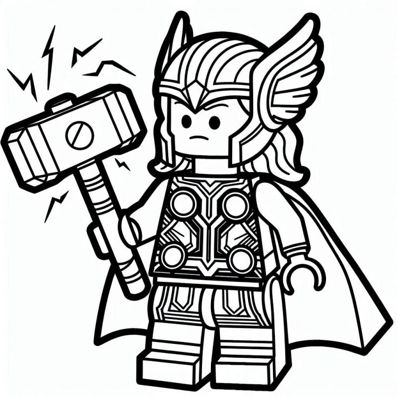 Desenho para colorir do Thor versão LEGO com martelo e capa