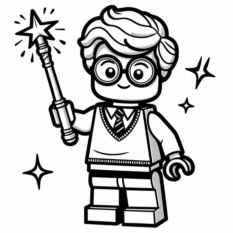 Desenho de mago Lego para colorir, com cabelo detalhado, óculos redondos, roupa elegante e varinha mágica