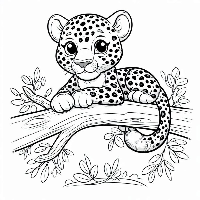 Filhote de Leopardo para Colorir em um Galho de Árvore