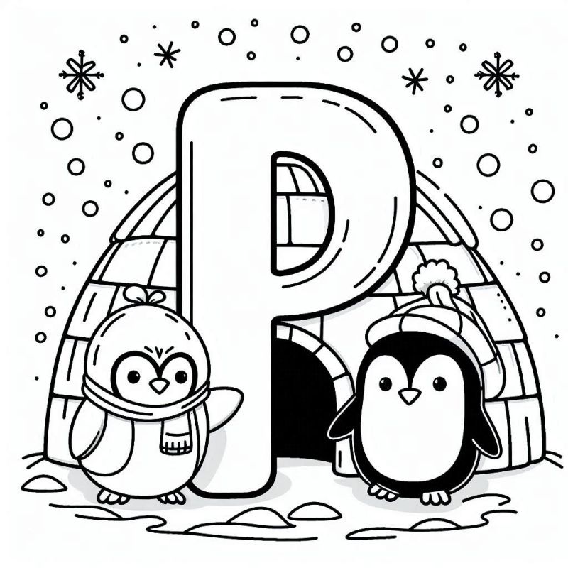 Desenho Encantador da Letra P com Pinguins e Iglu para Colorir