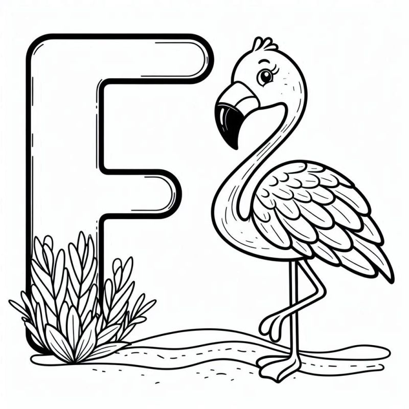 Desenho da Letra F com Flamingo e Arbustos para Colorir