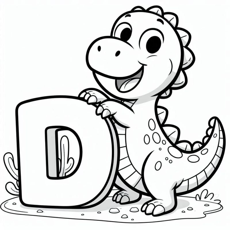 Desenho de Dinossauro Amigável com Letra D para Colorir