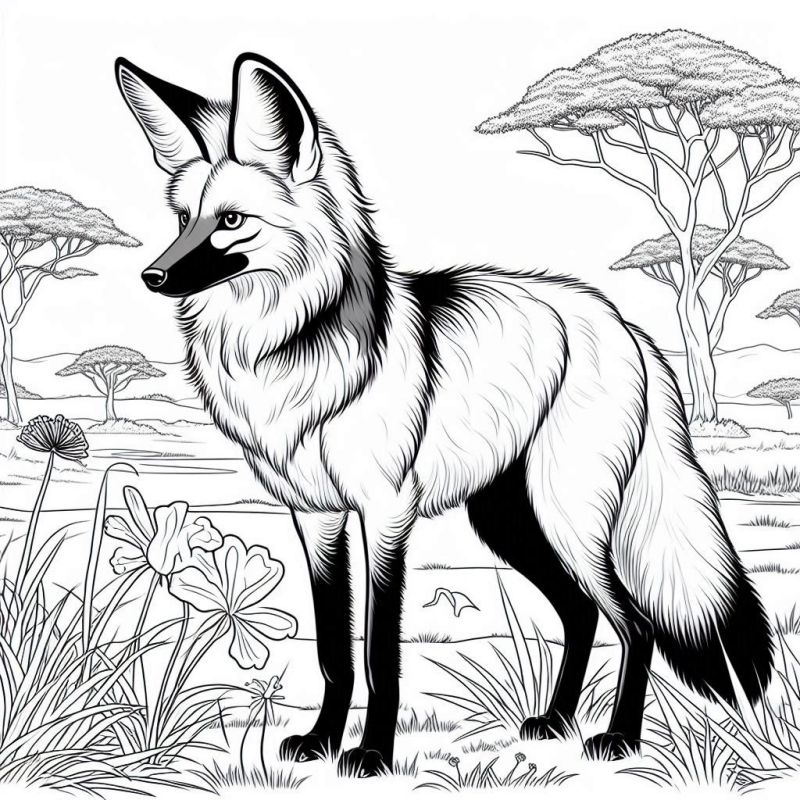 Desenho detalhado de um lobo-guará no cenário do Pantanal