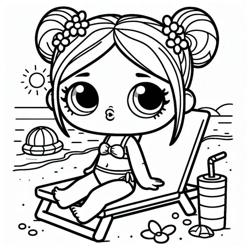 Desenho de Boneca LOL na Praia para Colorir