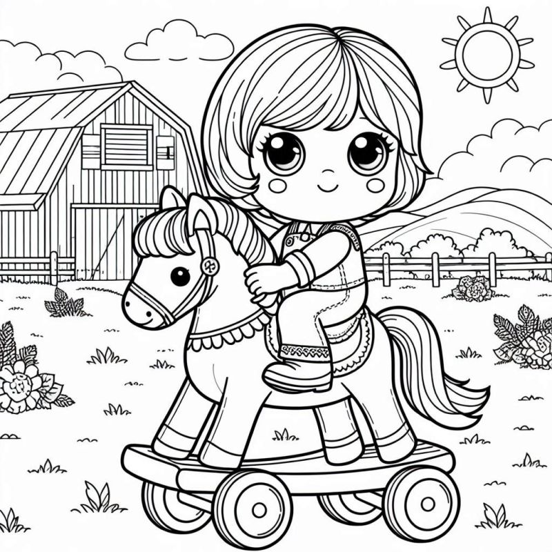 Desenho para Colorir: Menina Feliz Montando Cavalo de Brinquedo