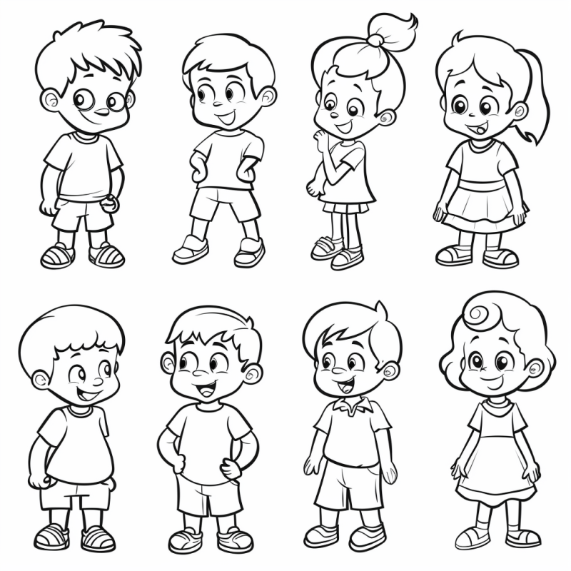 Desenho de oito personagens infantis para colorir