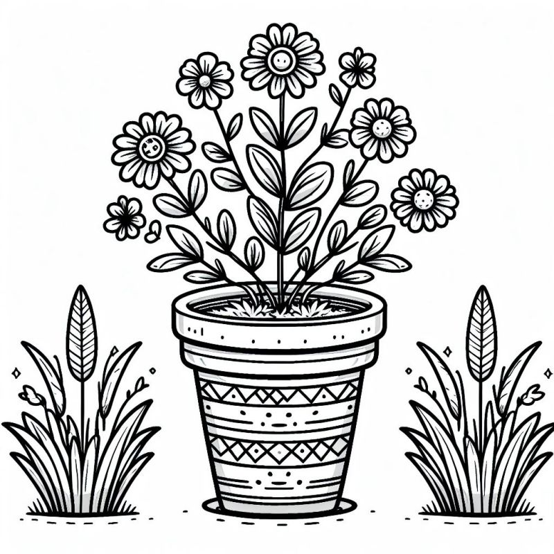 Desenho de um vaso decorativo com flores detalhadas para colorir