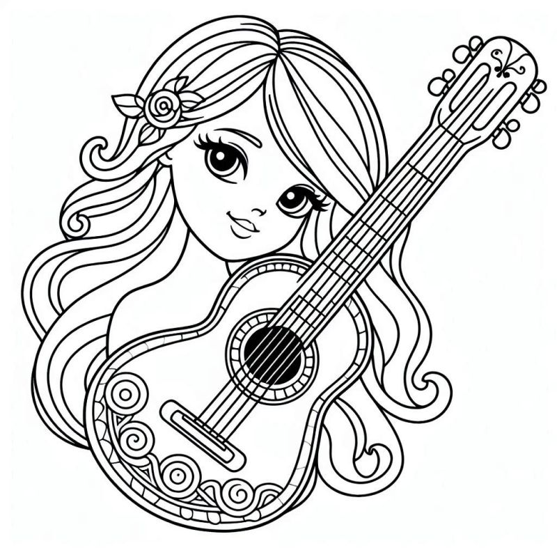 Desenho de Jovem Garota com Violão para Colorir