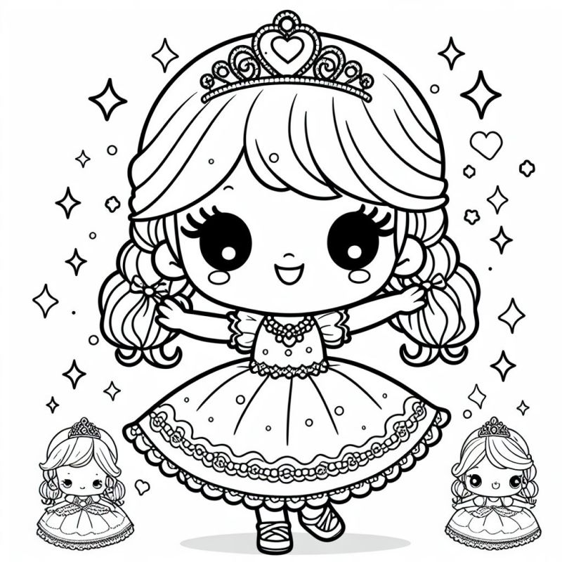 Desenho de menina chibi fofa com tiara e vestido detalhado para colorir