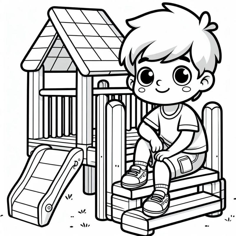 Desenho de menino sentado ao lado de casa de brinquedo para colorir