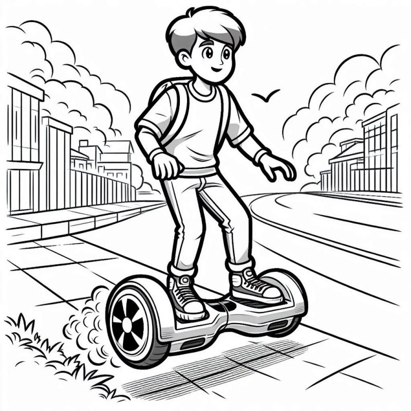 Desenho de Garoto no Hoverboard em Cenário Urbano