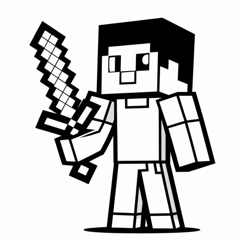 Desenho de Personagem com Espada para Colorir no Estilo Minecraft