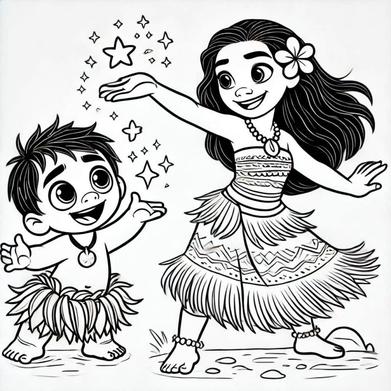 Moana e Garoto em Cena Mágica para Colorir