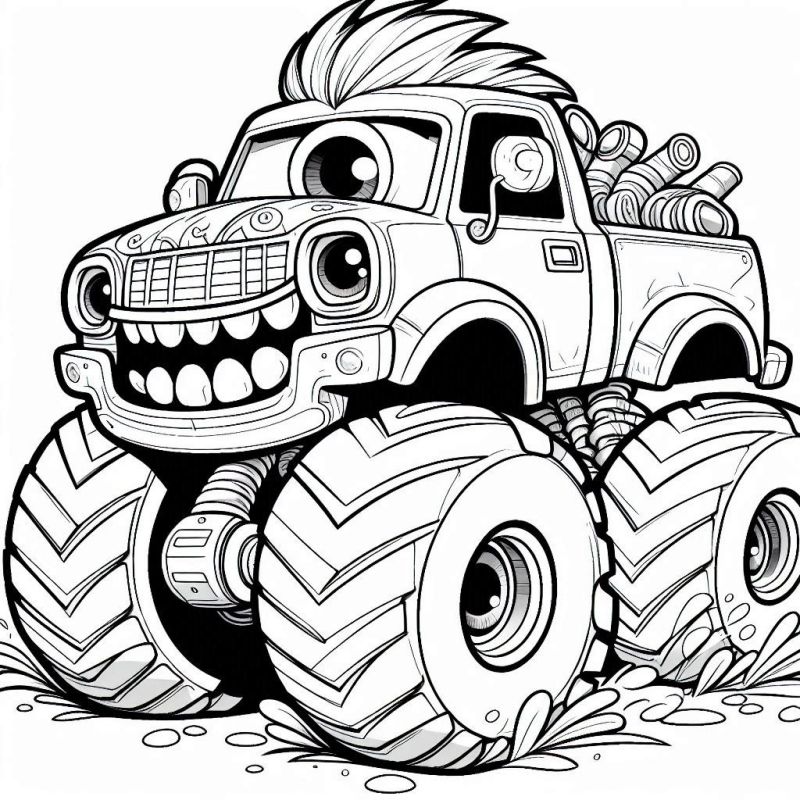 Desenho para colorir de um Monster Truck estilizado, amigável e divertido.