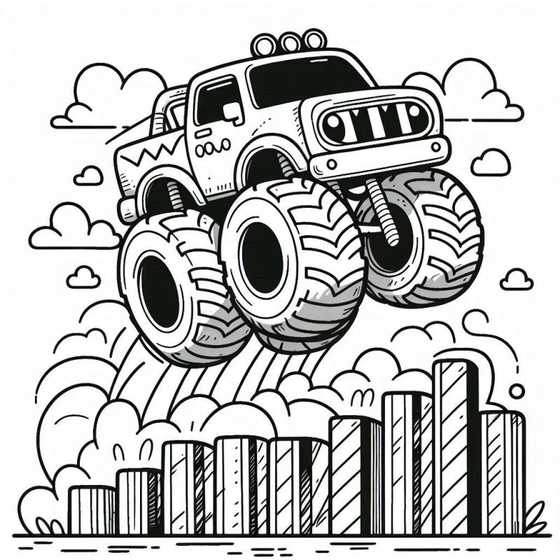 Desenho de um monster truck saltando para colorir.