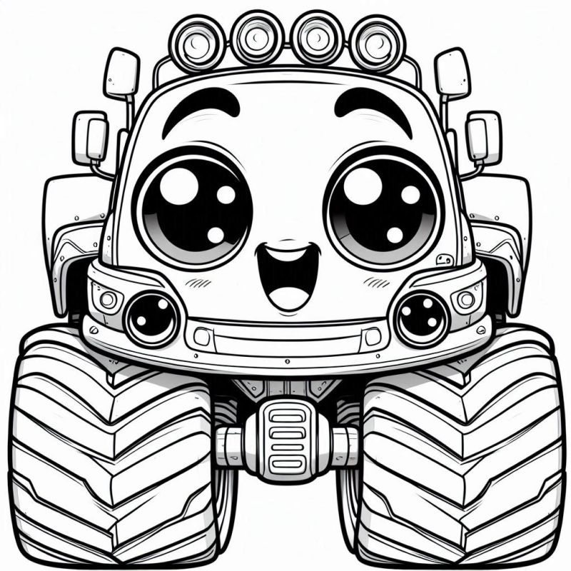 Desenho de monster truck estilizado e sorridente para colorir