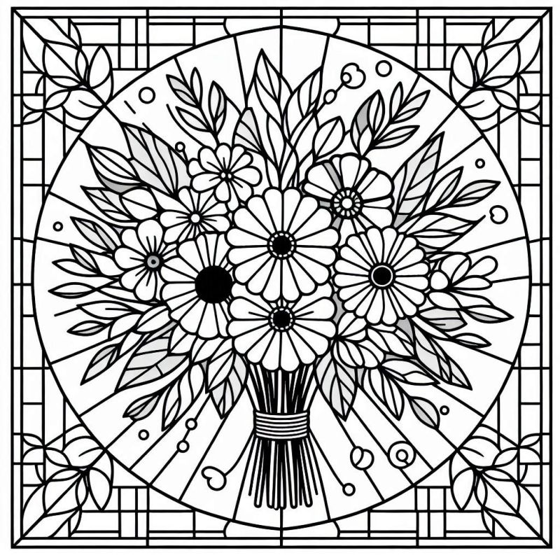 Desenho Intrincado de Mosaico com Buquê Floral em Vitrais para Colorir