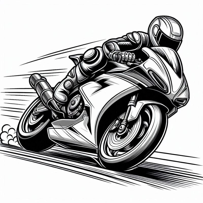 Desenho de motocicleta esportiva inclinada em alta velocidade para colorir