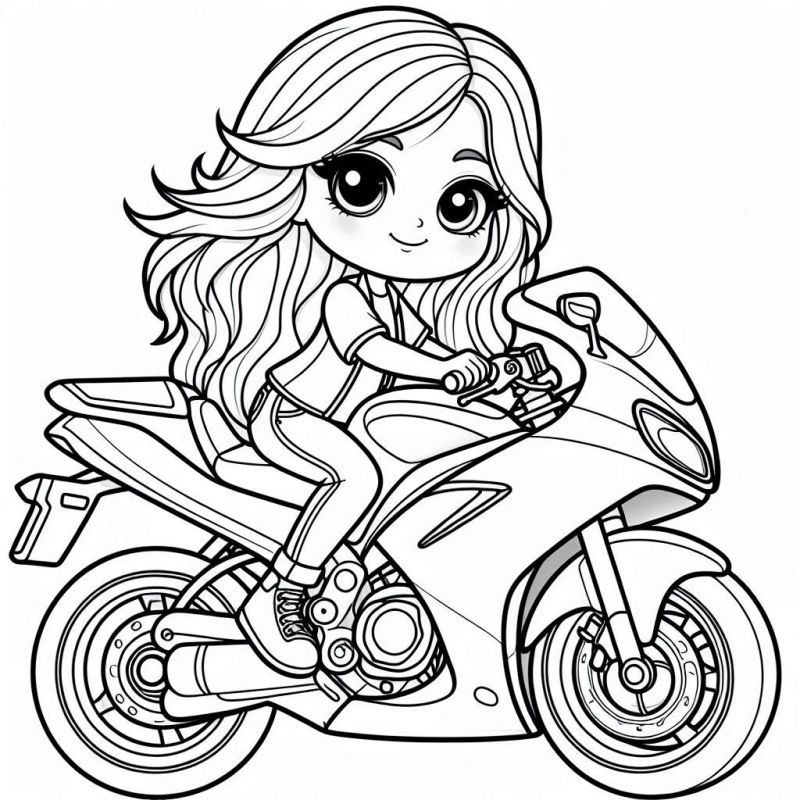 Desenho de Menina Pilotando Moto Esportiva para Colorir