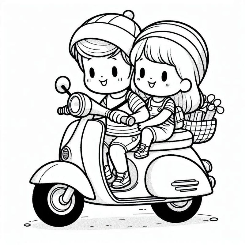 Desenho de menino e menina andando de moto retrô para colorir