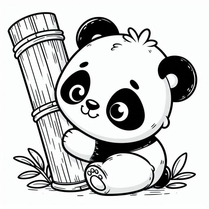 Desenho fofo de um panda meigo sentado com um grande bambu, ideal para colorir.