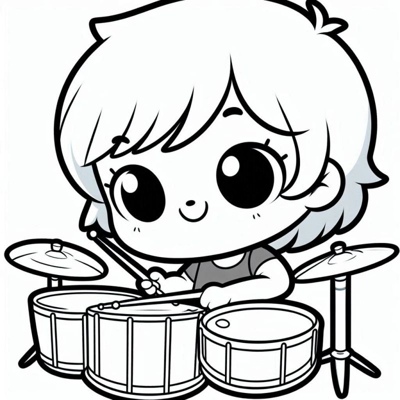 Desenho de Criança Tocando Bateria para Colorir