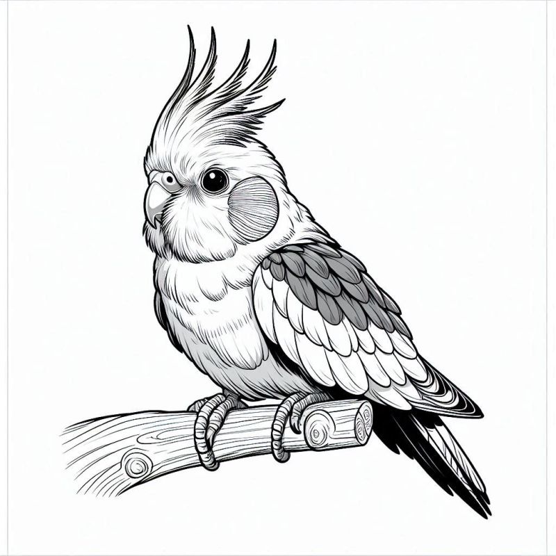 Desenho detalhado de uma cacatua posada em um galho de árvore para colorir