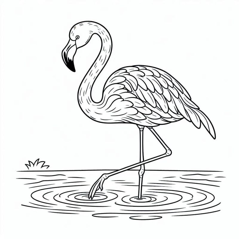 Desenho detalhado de um flamingo com perna levantada para colorir