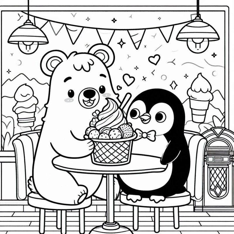 Urso e Pinguim na Lanchonete: Cena Para Colorir