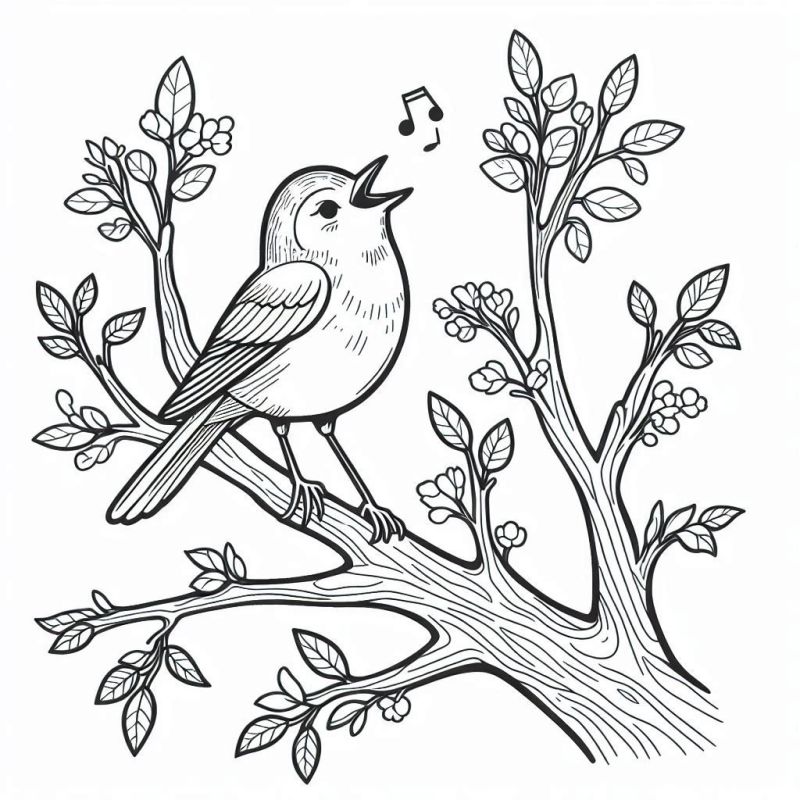 Desenho de Pássaro Cantando no Galho com Folhas e Botões de Flores para Colorir