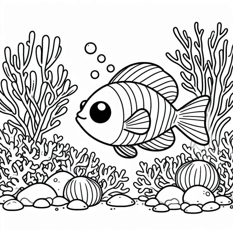 Desenho de peixe subaquático com corais e bolhas para colorir