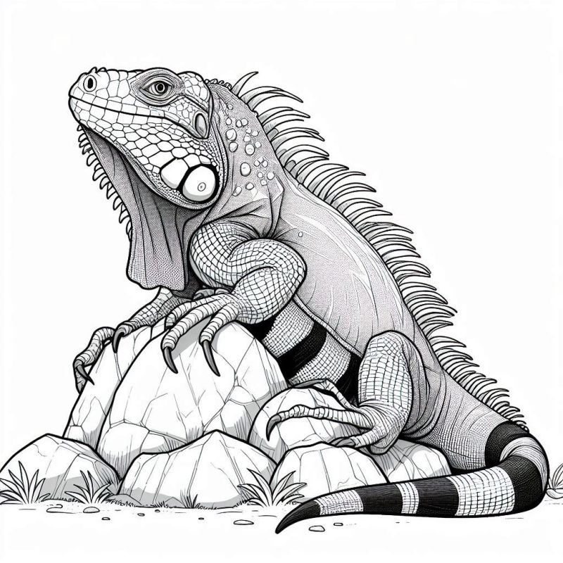 Desenho detalhado de uma iguana realista em cima de rochas para colorir