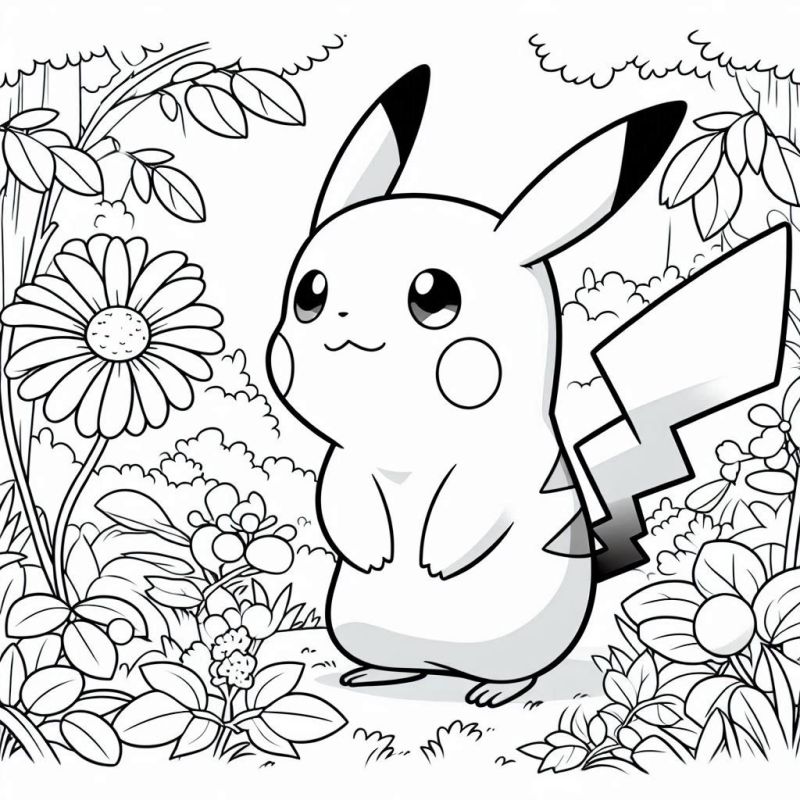 Desenho de Pikachu em Cenário Natural para Colorir