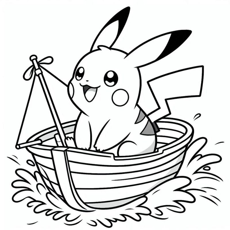 Desenho para Colorir de Pikachu no Barco