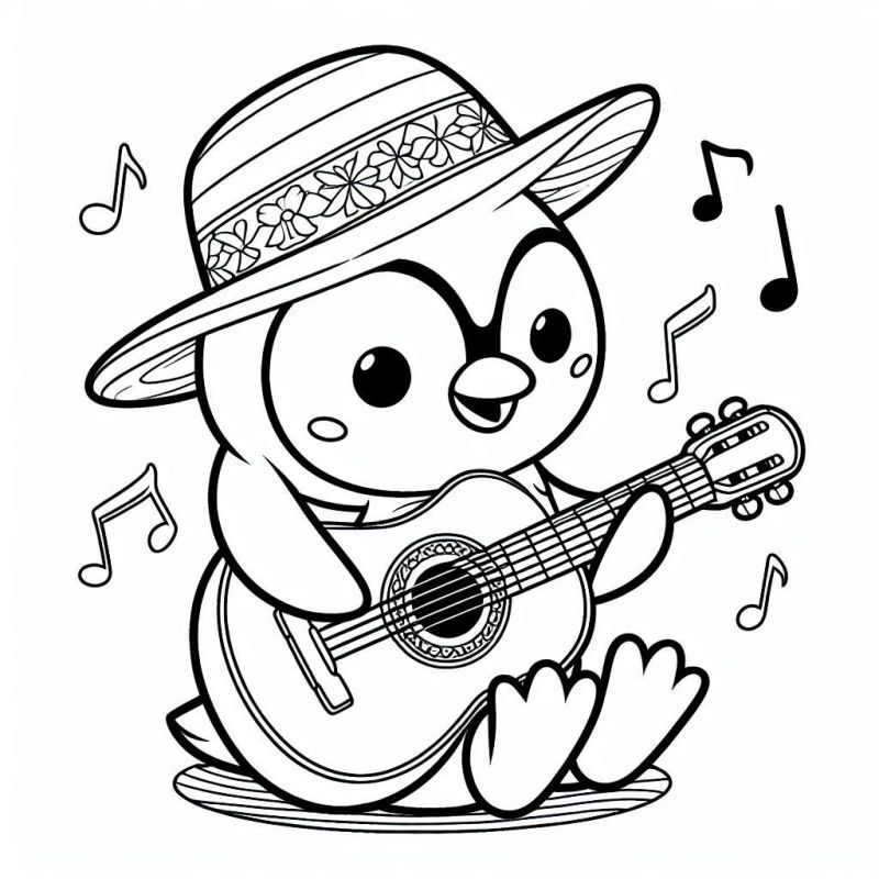 Pinguim Tocando Violão com Chapéu Panamá para Colorir