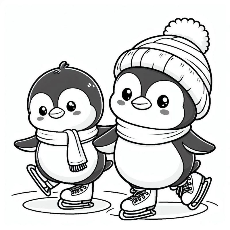 Desenho de Pinguins Patinando no Gelo para Colorir