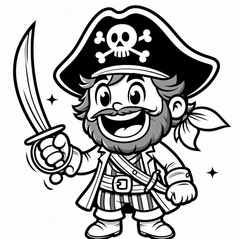 Desenho de pirata animado com sorriso, espada e lenço para colorir