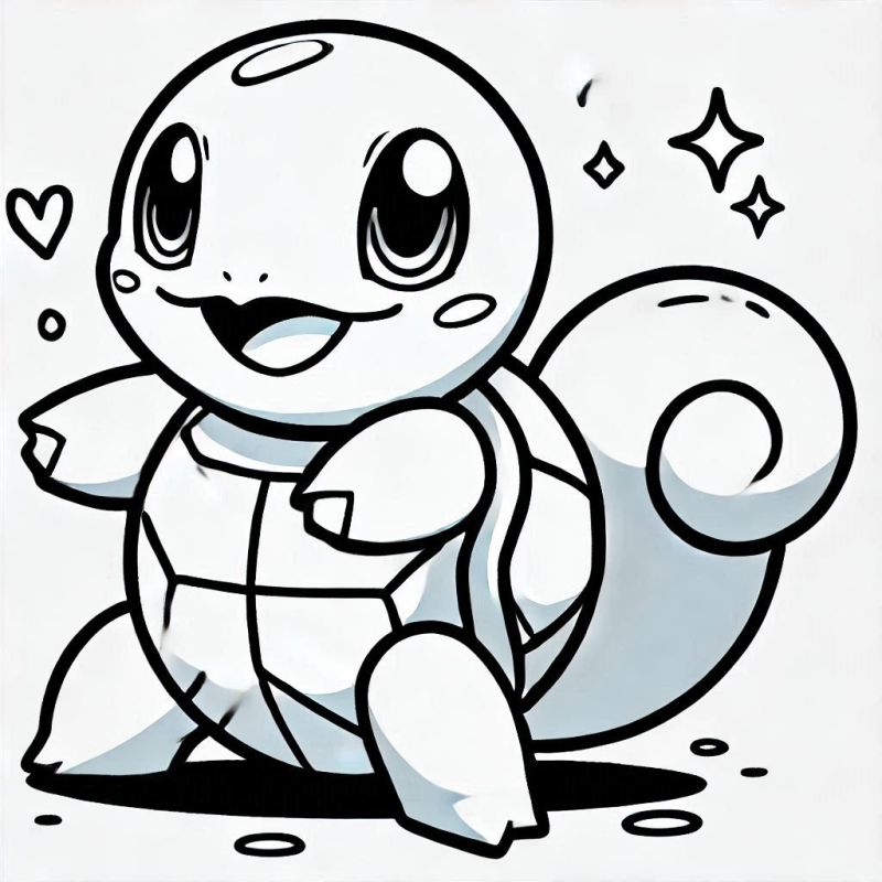 Desenho de Squirtle, Pokémon para colorir, estilo linha.