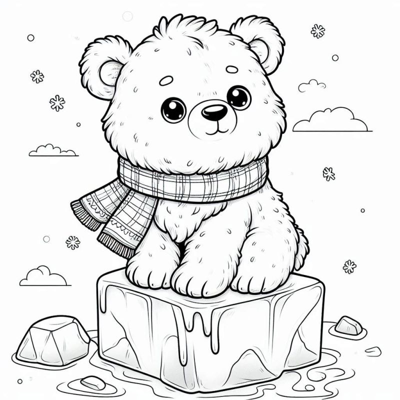 Desenho para colorir de um urso polar sentado em um cubo de gelo com cachecol