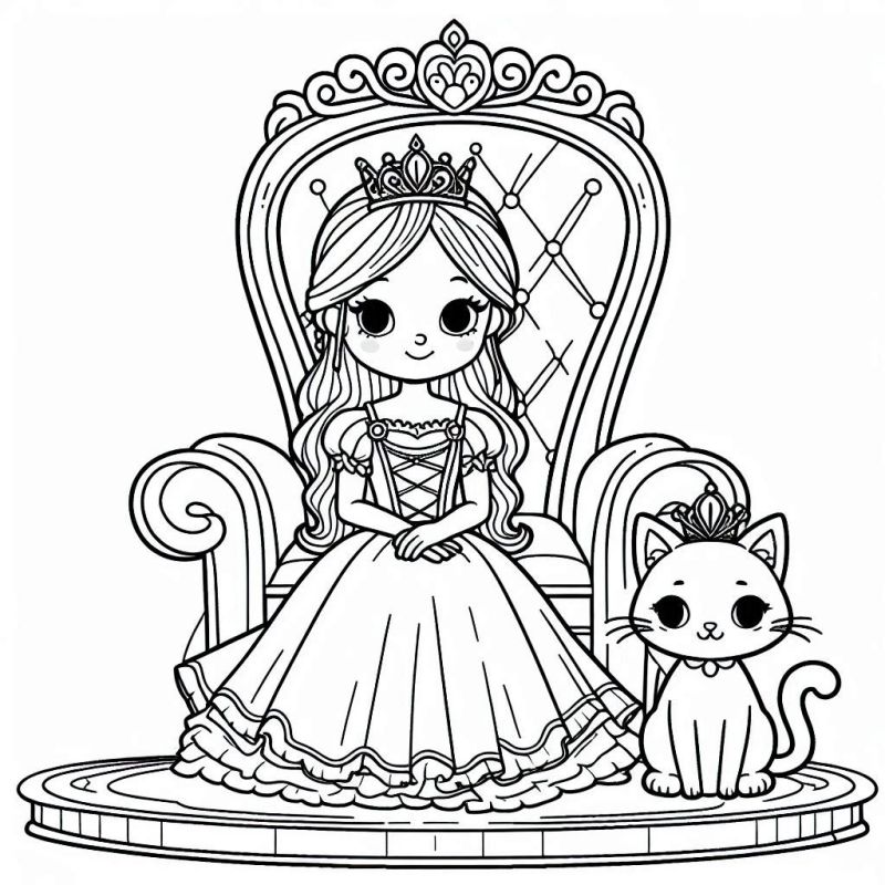 Desenho de Princesinha e Gatinho com Coroas no Trono para Colorir