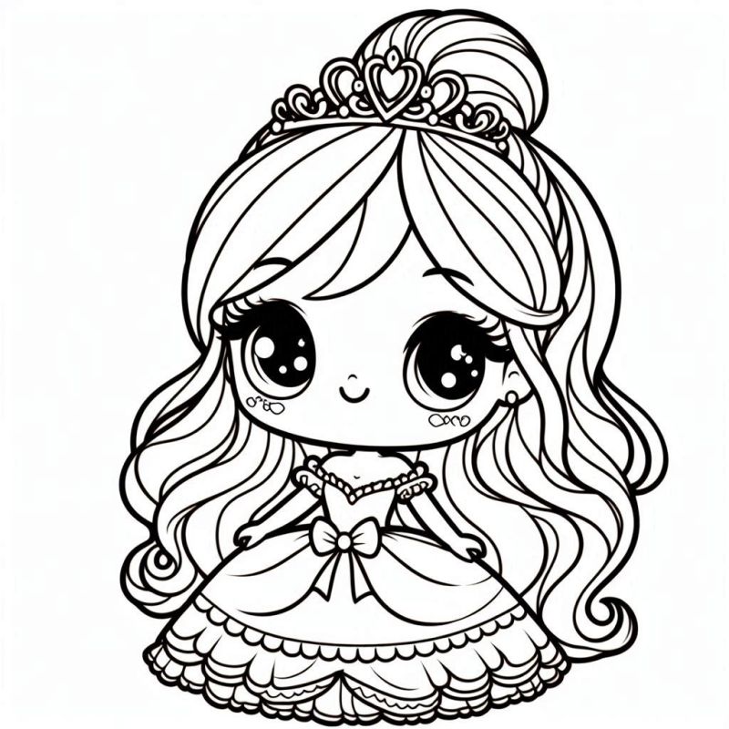 Desenho de princesa estilo chibi para colorir com detalhes fofos e expressivos