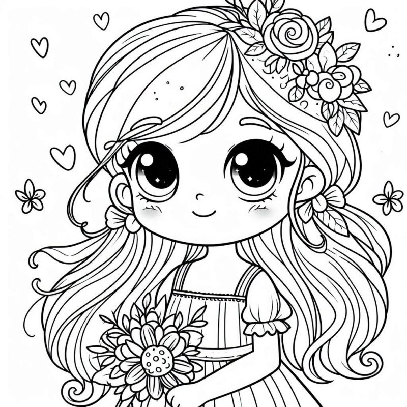 Desenho de princesa sorridente com buquê e detalhes florais para colorir