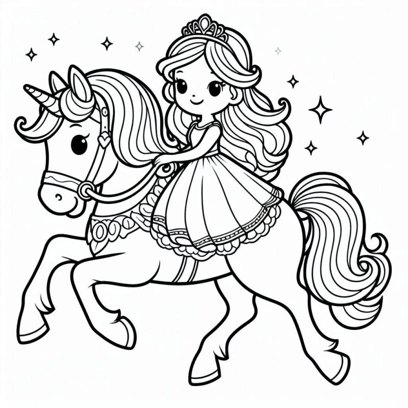 Desenho de Princesa Sorridente com Unicórnio Mágico para Colorir