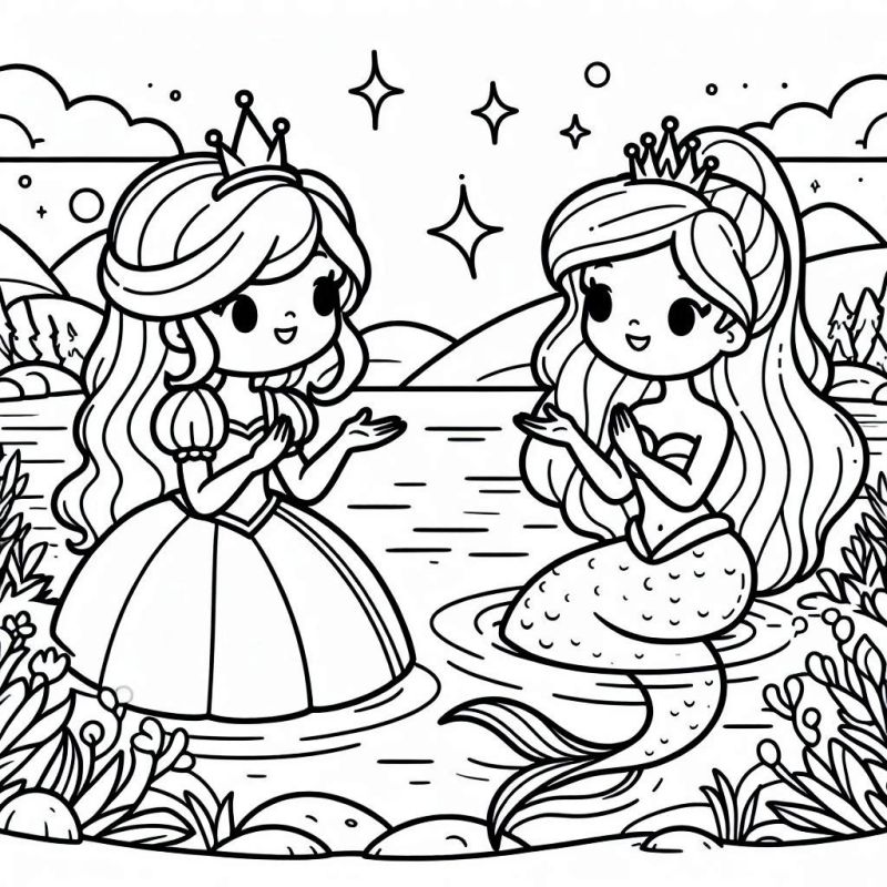 Desenho de Princesa Humana e Sereia para Colorir