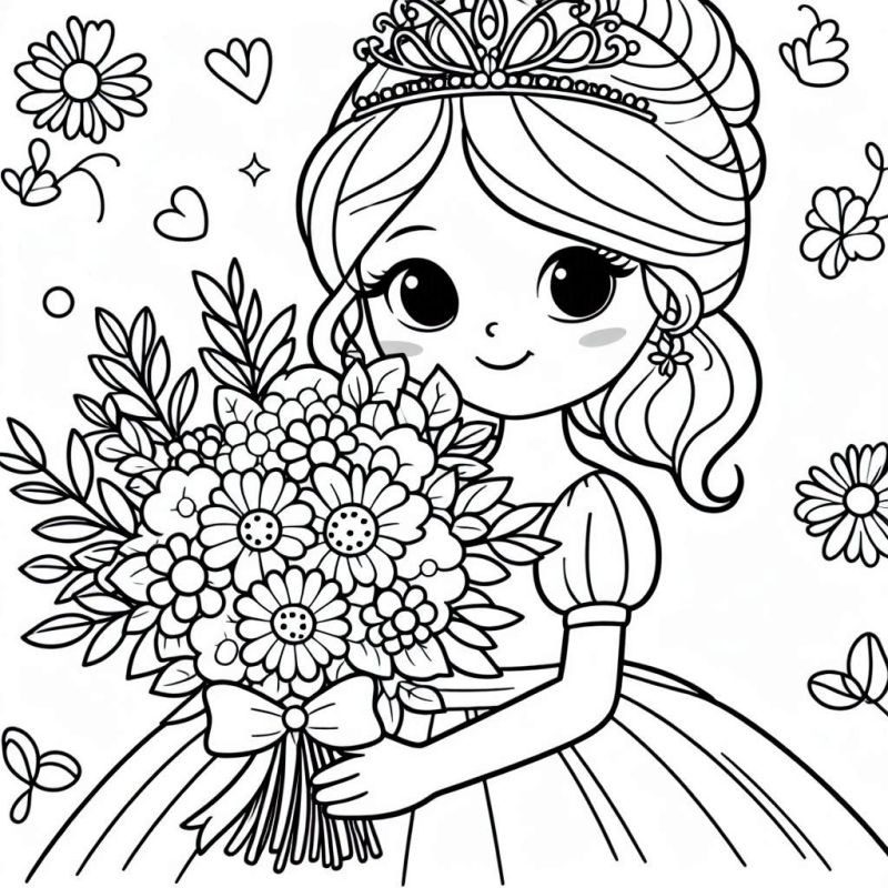 Desenho de Princesa Infantil com Buquê de Flores