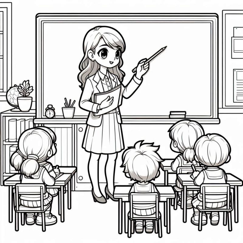 Desenho de Sala de Aula com Professora e Alunos para Colorir