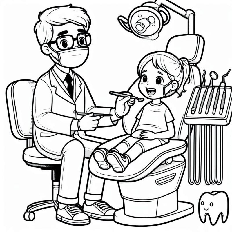 Desenho de consultório odontológico com dentista e menina para colorir